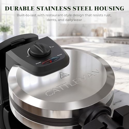 CATTLEMAN Waffle Maker, Rotating Belgian Waffle Maker with Magnetic Timer, 180° Flip Waffle Iron, Nonstick Plates, Adjustable Browning, Drip Tray, Cool Touch Handle for Crispy Family Breakfast