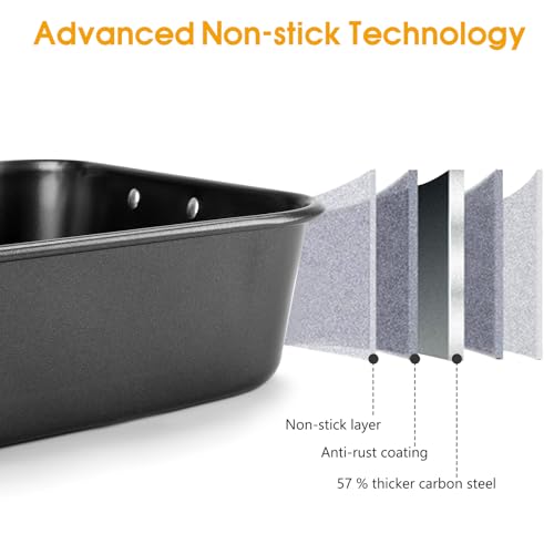Roasting Pan with Rack, 15.75x11.02’’ Baking Pan for Oven with Rack & Silicon Hand Clip & Oilbrush, Heavy Duty Dishwasher Safe Rectangular Lasagna Pan with Handle for Turkey, Dark Grey