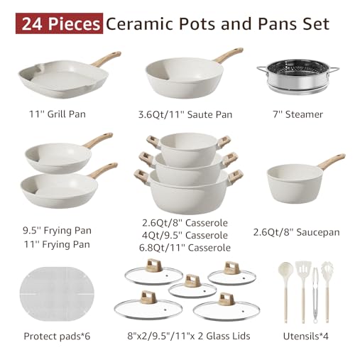 24Pcs Pots and Pans Set Non Stick,Ceramic Cookware Set with Titanium-Reinforced Nonstick Coating,Long-Lasting,PFAS-Free,Induction Compatible,Full Kitchen Set with 3 Stock Pots for Family Cooking