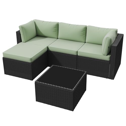 Aoxun Patio Furniture Set 5-Piece, Outdoor Sectional Sofas with Washable Cushion, Wicker Rattan Patio Conversation Sets for Backyard Porch and Poolside, Mint Green