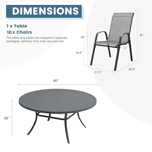 DIFY 11 Piece Outdoor Dining Set, Metal Table & Textilene Chairs, Grey