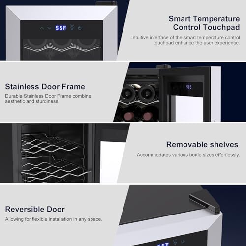 Tecnolove 18 Bottle Wine Cooler, 38-65°F Digital Temperature Control, 1.7 Cu.Ft Compact Wine Fridge, Freestanding Stainless Steel Glass Door with LED Light, Quiet Compressor for Red White Wine