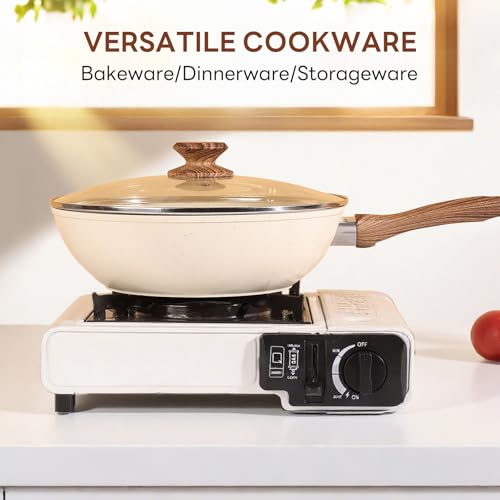 Sweetcrispy 17 Pcs Nonstick Pots and Pans, Non-toxic Kitchen Cooking Set, Induction Cookware Sets with Stay-Cool Handles, Beige