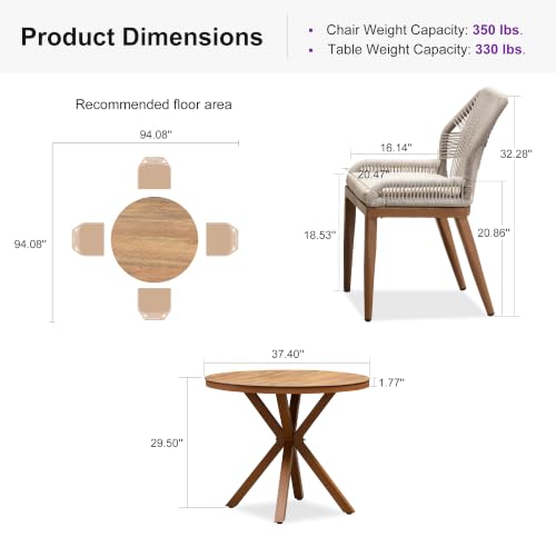 PURPLE LEAF Round Outdoor Dining Set 5 Pieces with Cushion, Deep Teak