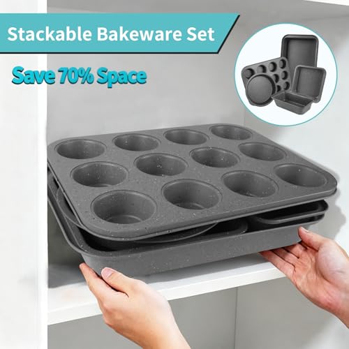 Barlket Baking Pans Set, 5 Piece Grey Marble Nonstick Bakeware with 100 Cupcake Liners – Stackable Carbon Steel Set for Small Kitchens, Apartments, Home Baking and Gifts