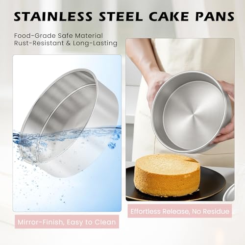 tutikuki 8 Inch Cake Pan - 3PCS Stainless Steel Round Layer Cake Baking Pans with 100 PCS Parchment Paper, Round Bakeware for Party Birthday Wedding, Mirror Finish & Dishwasher Safe