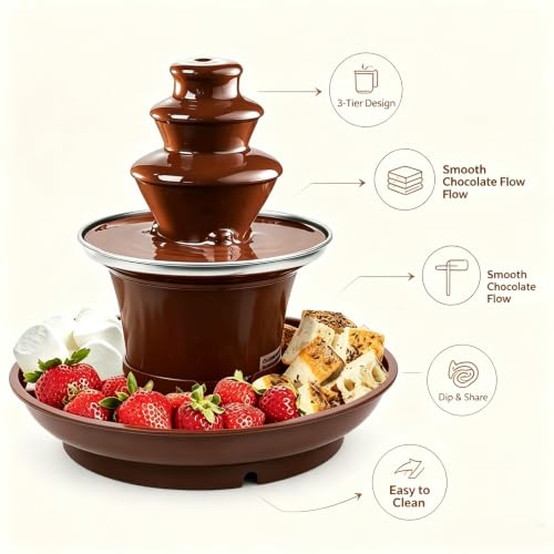 3-Tier Chocolate Fountain with Serving Tray, Chocolate Fondue Fountain for Christmas Party, Multi-Tier Fondue Fountain, Electric Chocolate Fountain for Christmas Holiday & Family Gatherings