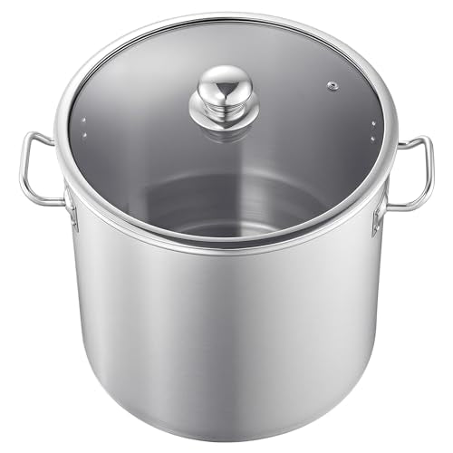 VEVOR Stainless Steel Stock Pot, 21-Quart Stainless Steel Stockpot with Glass Lid, PFOA-Free, PFAS-Free, Compatible with Gas Stoves, Induction Cooktops, Electric Stoves, for Soups, Stews, and Pasta