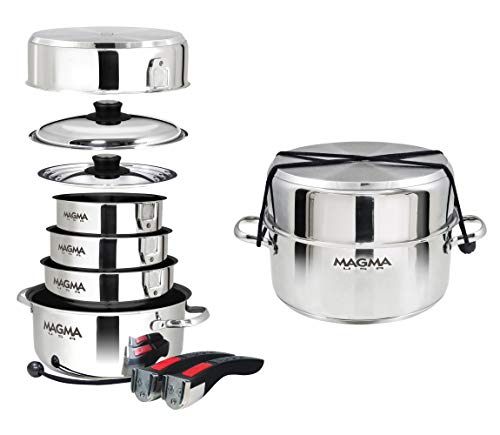 Magma 10 Piece Gourmet Nesting Stainless Steel Cookware Set with Ceramica Non-Stick, Induction Compatible, Oven Safe to 500°F - Suitable for All Stovetops, Removable Handles, Silver