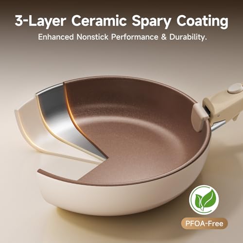 Filbee 17-Piece RV Pots and Pans Set with Detachable Handle, Stackable Nonstick Cookware Set, Thickened Base Brown Cookware Set, Ceramic Pots and Pans Set for Camper(PFOS, PFOA Free)