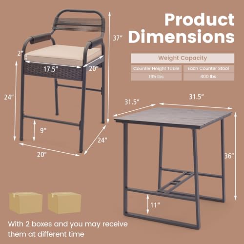 Tangkula 5-Piece Patio Rattan Bar Set, Counter Height Square Table with 4 Wicker Counter Stools, All-Weather Tabletop, Cushioned Outside Dining Set for Poolside, Backyard (Brown)