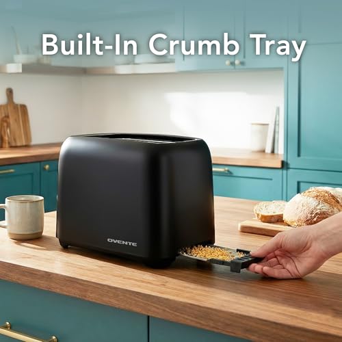 OVENTE Electric 2 Slice Toaster Machine with 6-Shade Browning Selector Setting, Compact Design and Removable Crumb Tray, 700W Power Perfect for Toasting Bread, Thin Bagels and Waffles, Black TP2210B