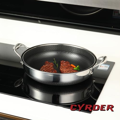 CYRDER Large Hybrid Nonstick Deep Frying Pan-13inch 316L Stainless Steel Sauté Pan and Lid, Two Handle Hold, PFOA Free, Dishwasher Oven Safe, Cookware to Stir fry/Toast/Roast/Bake/Stew, 7.2-Quart