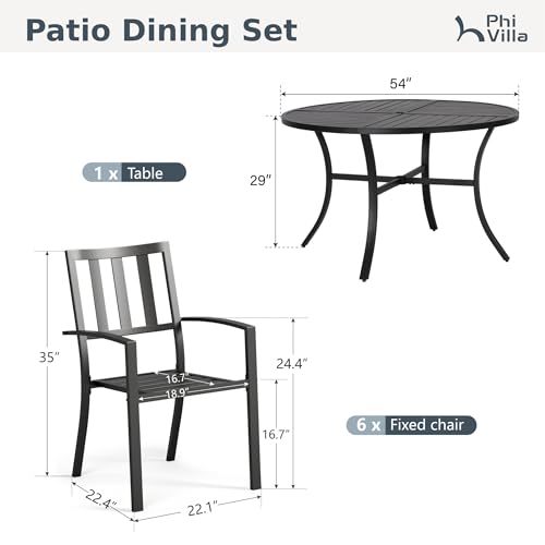PHI VILLA 7 Pieces Outdoor Round Dining Set for 6, Wrought Iron Dining Table with Umbrella Hole & Stackable Metal Steel Chairs, Large Dining Furniture Set for Patio, Deck, Yard, Porch