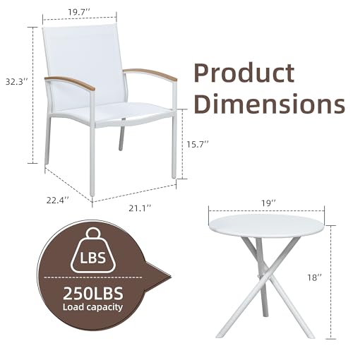 Shintenchi 3 Pieces Patio Bistro Sets, Outdoor Textilene Fabric Conversation Bistro Set, Textilene Fabric Front Porch Chairs Small Patio Furniture Set with Table for Lawn,Garden,Balcony (White)