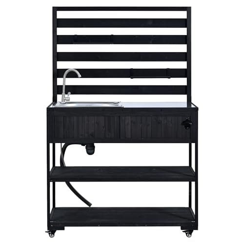 Eailaveo 41.7'' Large Patio Rolling Kitchen Island,Solid Wood Kitchen Cart with Sink,Garden Potting Bench with Stainless Table Top,2 Movable Shelves and 1 Bottle Opener (Black-RK)