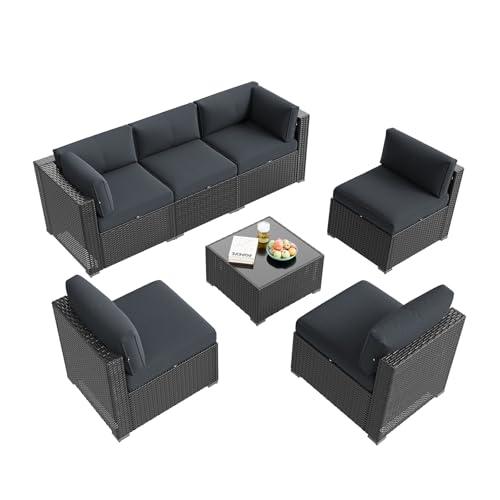 Aoxun Patio Furniture Set, 7 Piece Outdoor Sectional Sofas with Think Cushions, Wicker Rattan Outdoor Furniture Patio Conversation Set for Backyard, Garden Dark Grey
