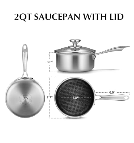 KOCH SYSTEME CS Hybrid Nonstick Stainless Steel Saucepan, 2 Quart Tri-Ply Stainless Steel Sauce Pan with Nonstick Honeycomb Interior, Hybrid Sauce Pan with Lid, Small Steel Pot, Induction Compatible
