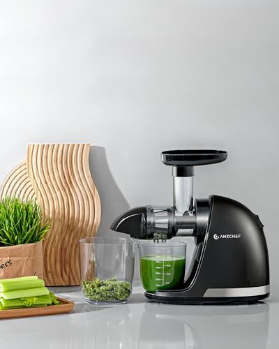 Juicer Machines - AMZCHEF Cold Press Masticating Juicer whole Fruit and Vegetable - Delicate Chew No Need to Filter - BPA Free Juice Extractor with 2 Cups and Brush- Ebony