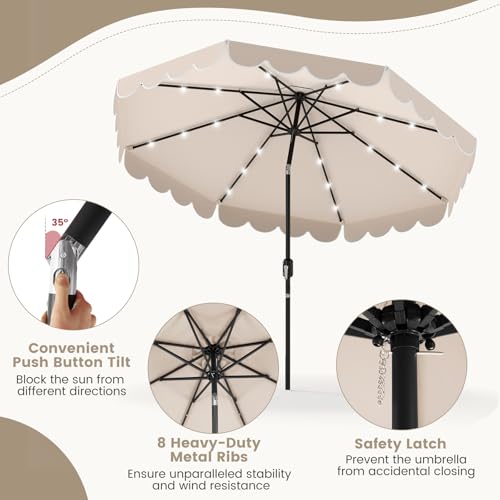 Tangkula 9 FT Solar Patio Umbrella, 2-Tiers Scalloped Outdoor Table Market Umbrella with 32 LED Lights, Vented Top, Tilt Adjustment, Crank, 8 Ribs for Backyard Poolside Deck Beach Lawn (Beige)