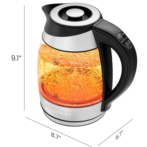 Chefman Electric Kettle with Temperature Control, 5 Presets LED Indicator Lights, Removable Tea Infuser, Glass Tea Kettle & Hot Water Boiler, 360° Swivel Base, BPA Free, Stainless Steel, 1.8 Liters