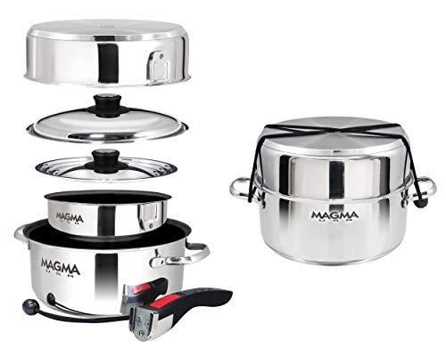 Magma 7 Piece Gourmet Nesting Stainless Steel Cookware Set with Ceramica Non-Stick, Induction Compatible, Oven Safe to 500°F - Suitable for All Stovetops, Removable Handles, Stainless Steel