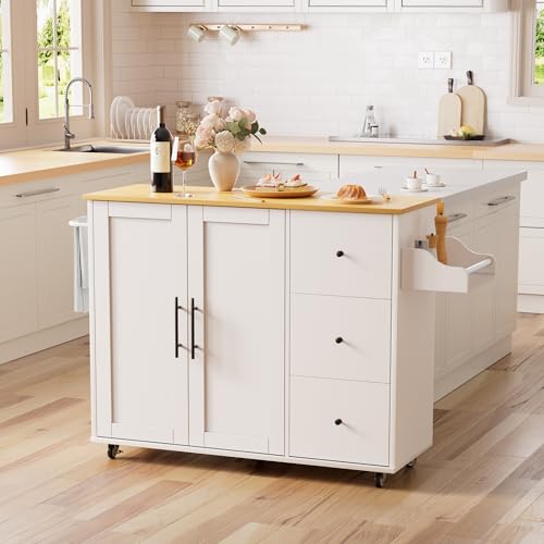GRUSIGN Kitchen Island on Wheels with Storage-Multifunctional Kitchen Island Cart with Drop Leaf, Rolling Island with Spice/Towel Rack,Expandable Island Table Kitchen,39.37" Width,White