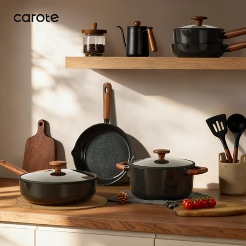 CAROTE 21pcs Cookware Set Nonstick Pots and Pans Set, Ceramic Cookware Set Induction Cookware, Non toxic Healthy Non Stick Kitchen Cooking Set, PFAS PTFE Free, Black