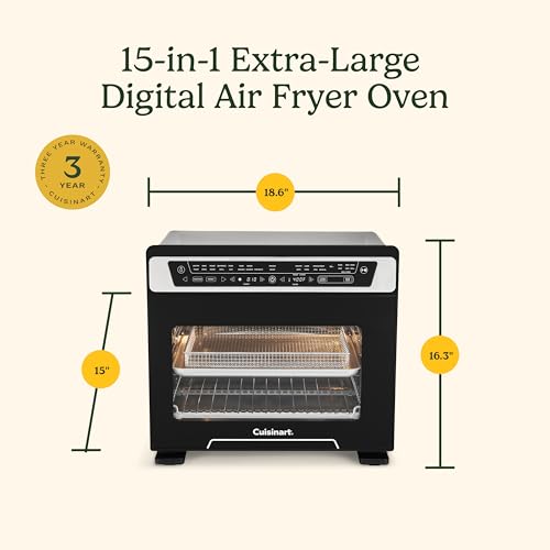 Cuisinart 15-in-1 Extra-Large Digital Air Fryer Oven with 9"x13" 2-in-1 Pan, Air Fry 4 Lbs of Wings, Cook a 13 Lb Turkey or 5+ Lb Chicken, Toast 9 Slices of Bread, and Bake a 13" Pizza, TOA-112