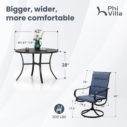 PHI VILLA 5 Piece Outdoor Patio Dining Set with 4 Padded Swivel Dining Chairs & 1 Large Round Dining Table, All Weather Blue Chair and Metal Table for Deck Lawn Garden
