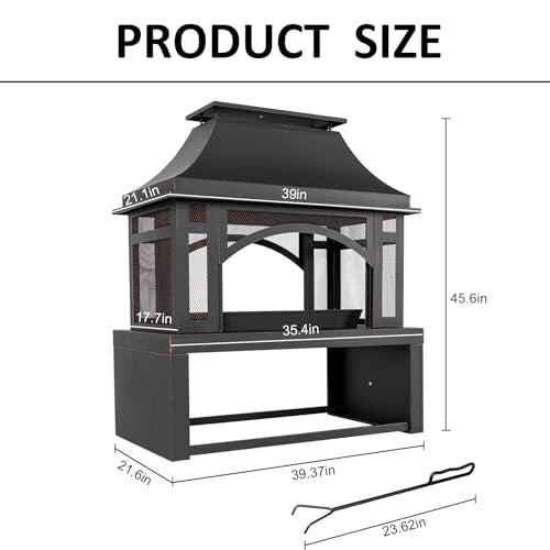 39" Fire Pits with Wood Storage for Outside, Large Wood Burning Outdoor Fireplace with Chimney, Mesh Spark Screen & Fire Poker, Idea for Backyard, Patio, Party, Camping, Picnic
