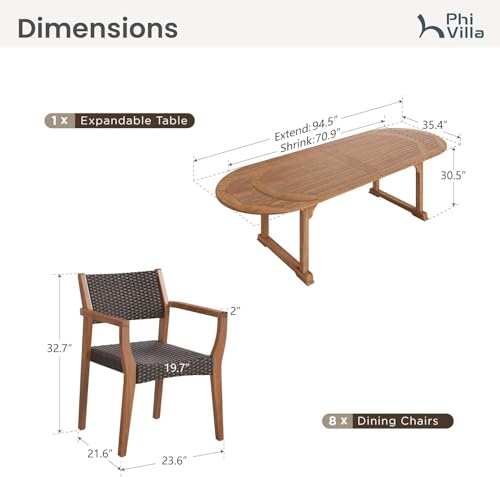 PHI VILLA 9 Pieces Acacia Wood Outdoor Dining Set for 8, Expandable Teak Wooden Table & Chairs, Large Farmhouse Furniture Set for Patio, Deck, Backyard, Porch