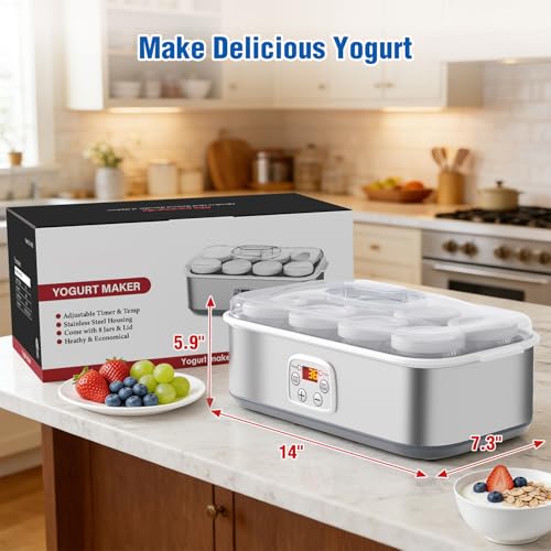 HOPERAN Yogurt Maker with Adjustable Time and Temp Control, Yogurt Maker Machine with Automatic Shut-Off & Constant Temper for Homemade Probiotic, Greek Yogurt, BPA-Free 48 oz 8 Jars (Silver)
