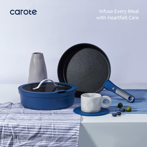 CAROTE 10-Piece Pots and Pans Set, Nonstick Cookware Set Detachable Handle, Frying Pan with Splatter Screen, Oven Safe, Induction Ready, Stackable, Blue