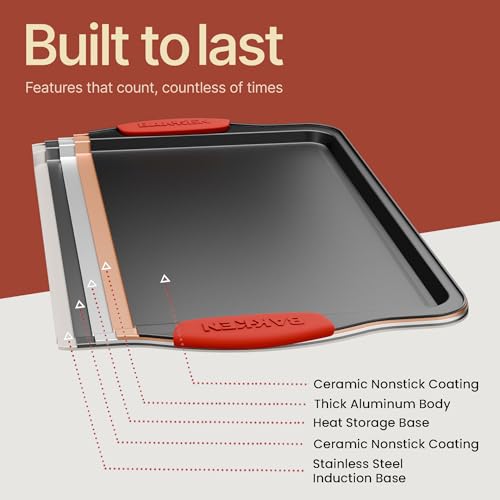 BAKKEN Kitchen Baking Pans - Medium (15.15 × 10.03") and Large (17.1 x 11.8") Nonstick Sheets, Carbon Steel Cookie Sheets with Red Silicone Handles, PFOA, PFOS, PTFE Free, Oven Safe (450°F), Set of 2