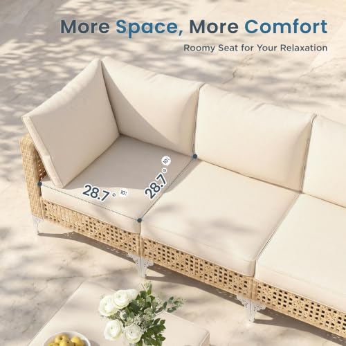 PHI VILLA Wicker Patio Sectional Furniture Set, 7-Seat, Rattan Weave, Beige