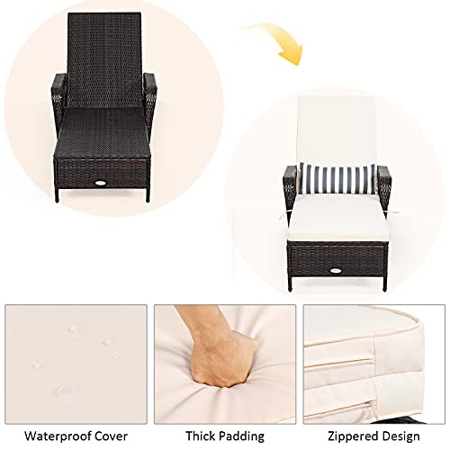 COSTWAY PE Rattan Chaise Lounge Chair, 6 Gear Adjustable Recliner with Armrest & Pillow, Wicker Outdoor Furniture for Deck, Patio (1, Brown)
