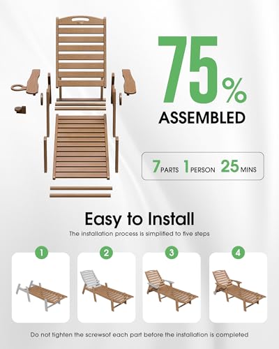 SUUNYN Chaise Lounge Outdoor, Lounge Chair Outdoor with Wood Texture, Adjustable 5-Position Backrest, HDPE Lounge Chair with Wheels & Cup Holder for Pool Deck Backyard, Teak