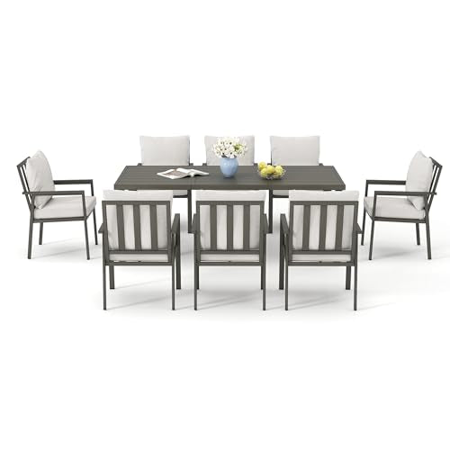 HAPPATIO Patio Dining Set for 8, 9-Piece Outdoor Aluminum Dining Furniture Set, 8 Cushioned Dining Chairs and Table for Deck Yard Poolside, Rust-Proof, Weather-Resistant, Easy Assembly