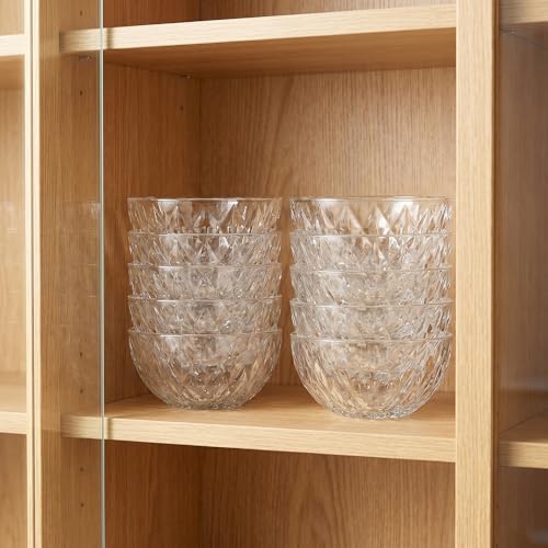 Jucoan 12 Pack 10 oz Small Glass Bowls, 5 Inch Diamond Cut Glass Prep Bowls, Stackable Salad Bowl for Dessert, Ice Cream, Fruit, Cereal, Candy, Yogurt