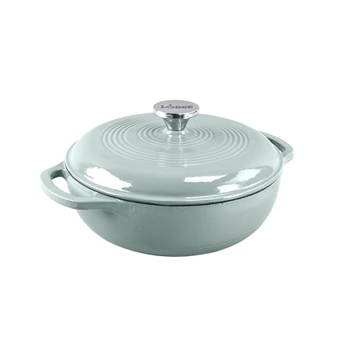 Lodge 3 Quart Enameled Cast Iron Dutch Oven with Lid – Dual Handles – Oven Safe up to 500° F or on Stovetop - Use to Marinate, Cook, Bake, Refrigerate and Serve – Solid Desert Sage