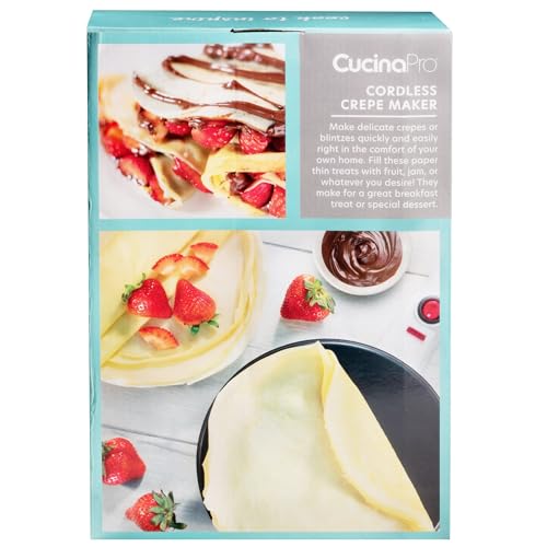 CucinaPro Cordless Crepe Maker- Breakfast Essential with Recipe Guide, Non-Stick Dipping Plate, Electric Base, Batter Spatula- Portable Hot Plate Compact Baker, Morning Brunch, Dessert Gift for Her