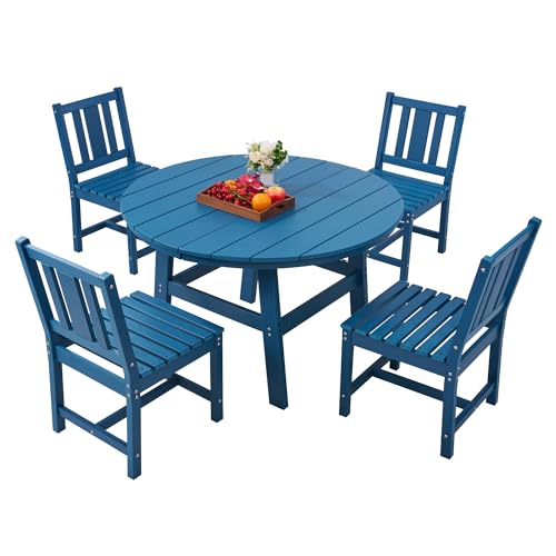 AMERLIFE 5 Piece HDPE Outdoor Dining Table & Chairs Set, All-Weather Patio Table and Chairs Set Furniture with Umbrella Hole for Garden, Backyard, Poolside, Seaside, Blue
