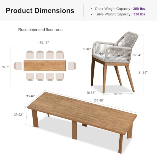 PURPLE LEAF 11 Pieces Patio Dining Set with Cushion and Wicker Arm, Teak
