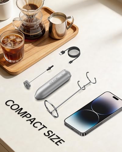 CIRCLE JOY Rechargeable Milk Frother Handheld with Stand, Dual Spring Whisk Electric Foam Maker, Detachable Hand Frother Wand Drink Mixer for Lattes, Cappuccino, Macchiato, Hot Chocolate, Silver