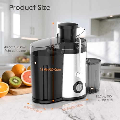 Juicer Machine, 600W Centrifugal Juice Extractor with 3” Wide Feed Chute, BPA-Free, Easy to Clean, Stainless Steel, Includes Cleaning Brush (Black)