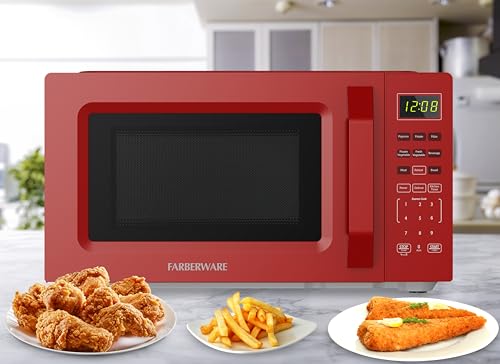 Farberware Countertop Microwave Oven, 700W, 0.7 Cu. Ft. Capacity, Compact Design with Turntable, Digital Display & Auto-Cook Functions, Red