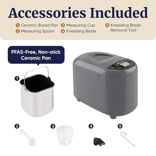 Elite Gourmet Programmable Bread Maker with PFAS-Free CERALAST™ Ceramic Pan, 2 lb Loaf, 19 Presets incl. Gluten-Free, 3 Sizes, Delay Timer, Steel Gray