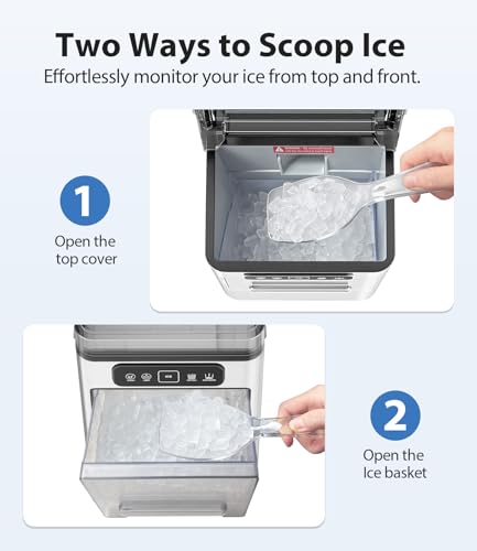 SenCre Nugget Ice Maker 40lbs/Day, Countertop Ice Maker Soft Chewable Ice, Ice Makers One-Click & Self-Cleaning, Crushed Pellet Ice Machine with Scoop&Basket for Home/Kitchen/Office, Stainless Silver