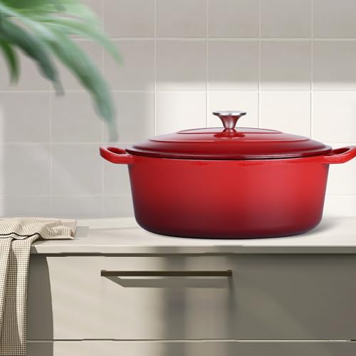 7 Quart Oval Dutch Oven with Lid, Leonyo 7QT Enameled Oval Cast Iron Dutch Oven for Sourdough Bread Breaking, Heavy Duty Cookware for Braising, Stews, Roasting, Red